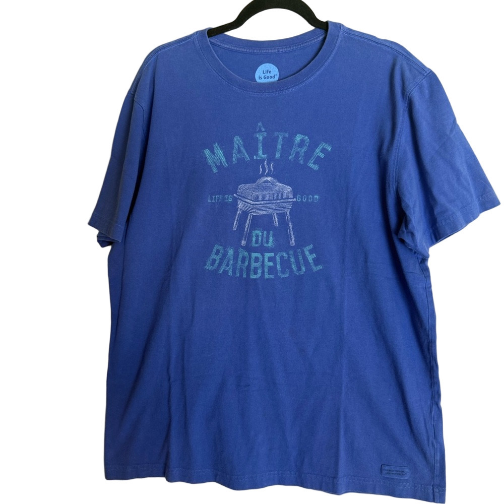 Life Is Good BBQ Graphic T-Shirt "Maitre Du Barbecue" Blue Men's‎ L Grill Summer